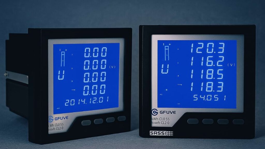 Dois medidores digitais de energia com tela azul iluminada, exibindo leituras elétricas em ambiente controlado, usados para medição individual.