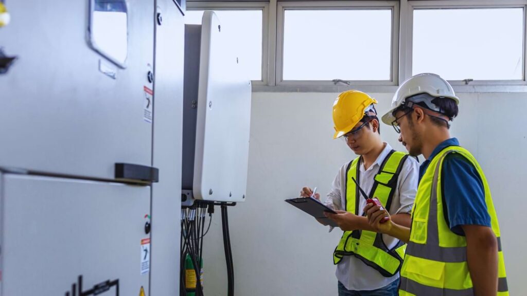 Técnicos realizam inspeção em painel elétrico durante auditoria energética