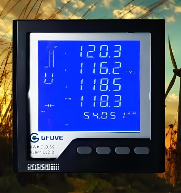 Multimedidor digital instalado em painel elétrico, com display azul indicando medições de tensão e frequência. Equipamento da Sassi.