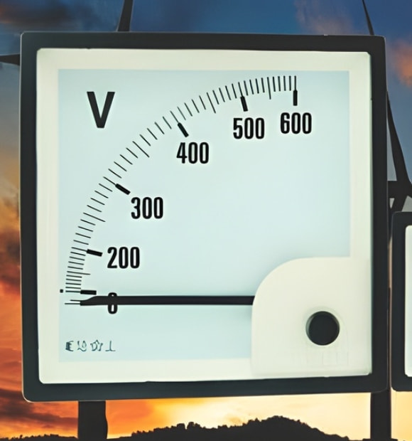 Voltímetro analógico da Sassi com escala até 600V, utilizado para leitura de tensão em painéis de controle industrial.
